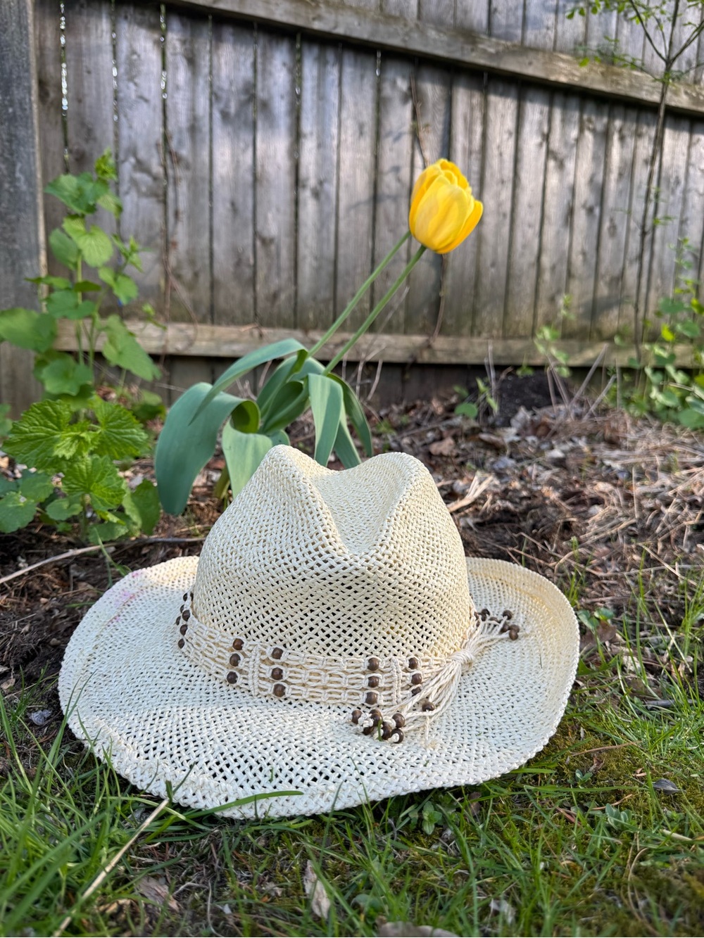 Vintage Woven Cowboy Style  Sun Hat with Beaded Embellishment